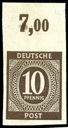 10 Pf Ziffer, ungezähnt, Oberrand im Plattendruck, dort entfalzt, ...