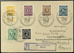 15 Pf Ziffer, ungezähnt in Mif auf R-Brief München 10.9.1946, ...