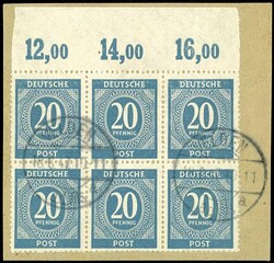 20 Pf Ziffer, d-Farbe, gestempelt auf Briefstück, Oberrand 6er-Block ...