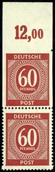 60 Pf Ziffer, senkrechtes Oberrandpaar, obere Marke nur unten ...