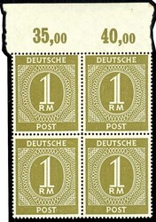 1 RM Ziffer, kleines Lot Besonderheiten, Oberrandviererblock mit ...