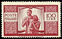 100 Lire, karmin, 1945, gez. K 14, postfrisch, tadellos, Mi. 500.-  ...