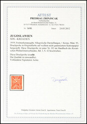 1 Kr. Freimarke, auf weißem nicht gummierten Kartonpapier, ...