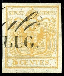 5 Centesimi, ochre yellow, first print 1850, on ordinary handmade ...