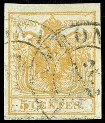 5 Centesimi coat of arms issue, 1850, handmade paper, shade: olive ...