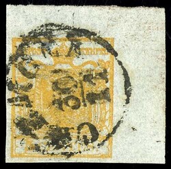 5 Centesimi, ochre yellow, 1850, on ordinary paper with grill ...