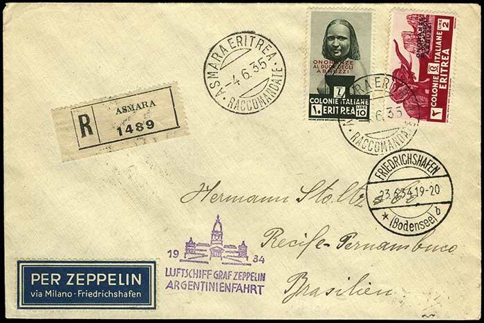 Argentinienfahrt 1934, Etappe bis Recife, R-Brief ab Asmara 4.6. mit ...