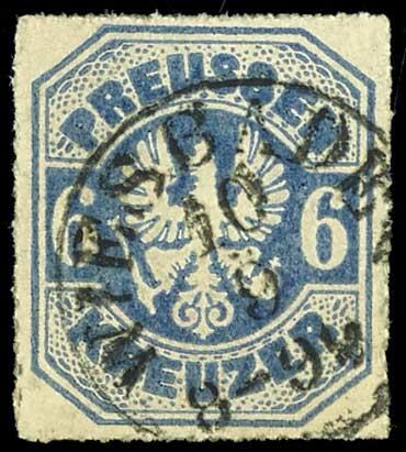 6 Kreuzer mittelblau, tadelloser Durchstich an allen Seiten, sauber ...