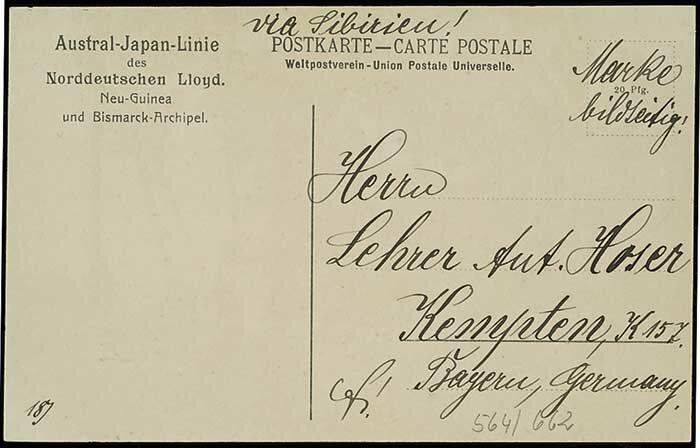 20 Pfennig blau mit Entwertung "RABAUL" auf farbiger Bildpostkarte ...