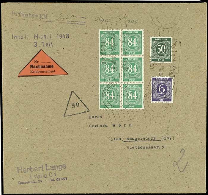 84 Pfg im Sechserblock mit 50 und 6 Pfg Ziffern auf NN-Drucksache im ...