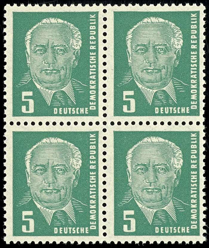 5 Pfennig Pieck, grün, Wasserzeichen 2 XII, Viererblock, postfrisch, ...