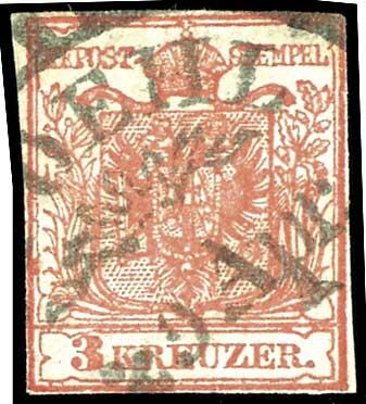 (G) FOEHL 29 April, curve cancel S.O.T.N on 3 Kreuzer red, handmade ...