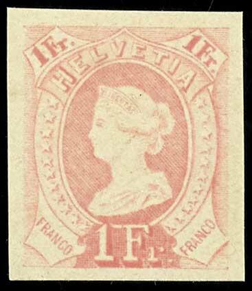 1 Franken Stehende Helvetia, Probedruck in rosa. Marke ungezähnt ...