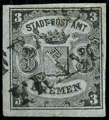3 Grote black on blue-grey, vertical laid paper, type III, cancelled ...