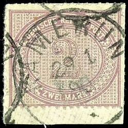 2 Mark lebhaftgraulila, Briefstück, zwei stumpfe Zahnspitzen, sonst ...