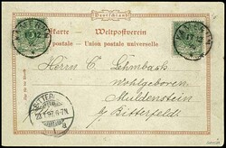 5 Pfennig grün, portorichtige Mehrfachfrankatur auf Lithokarte, ...