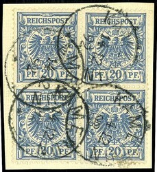 20 Pfennig Krone/Adler, tadelloser Viererblock auf Briefstück mit ...