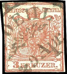 (G) FOEHL 29 April, curve cancel S.O.T.N on 3 Kreuzer red, handmade ...