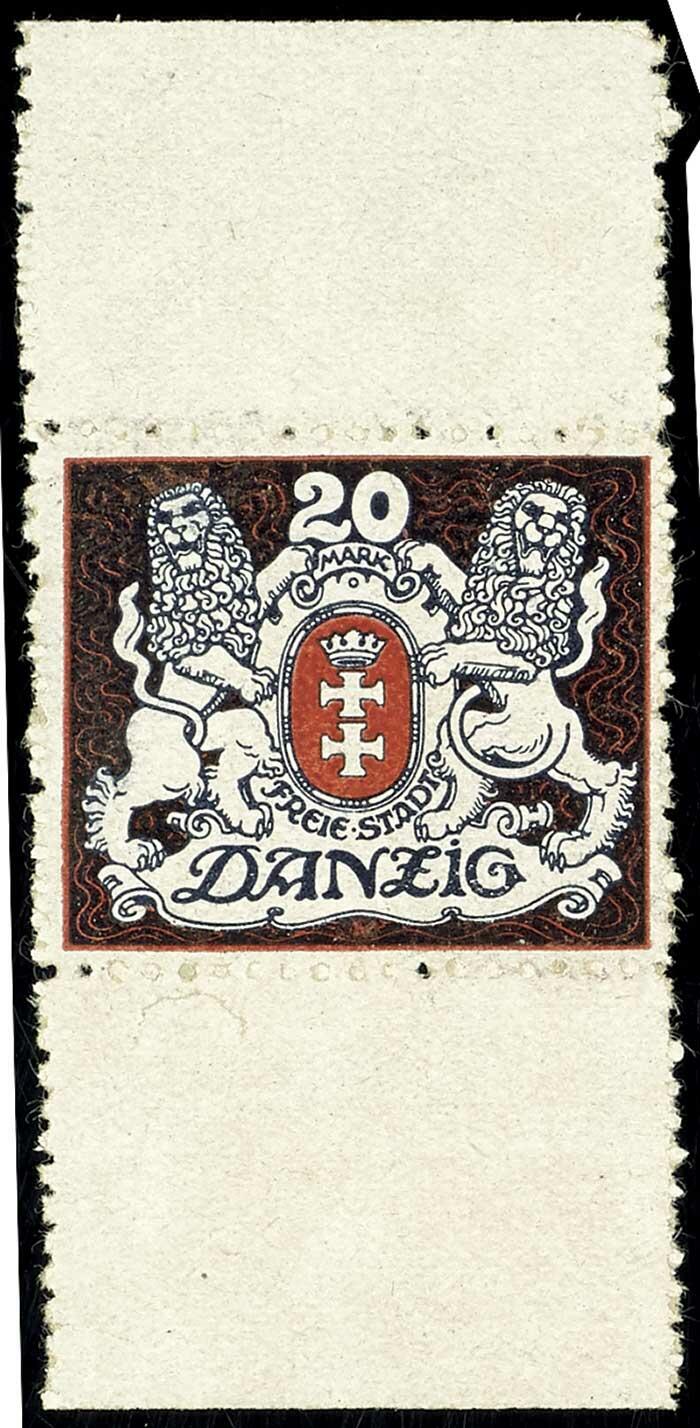 20 Mark municipal coat of arms, proof print blue / red on chalky ...