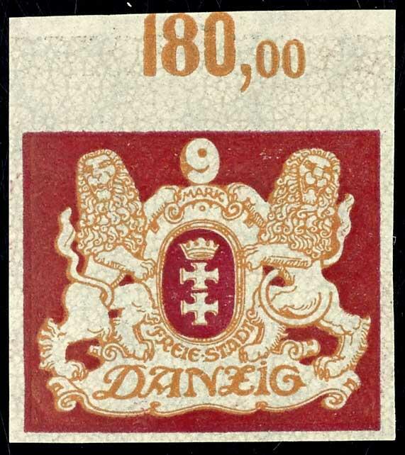 9 Mark large coat of arms, proof print dark carmine / orange, without ...