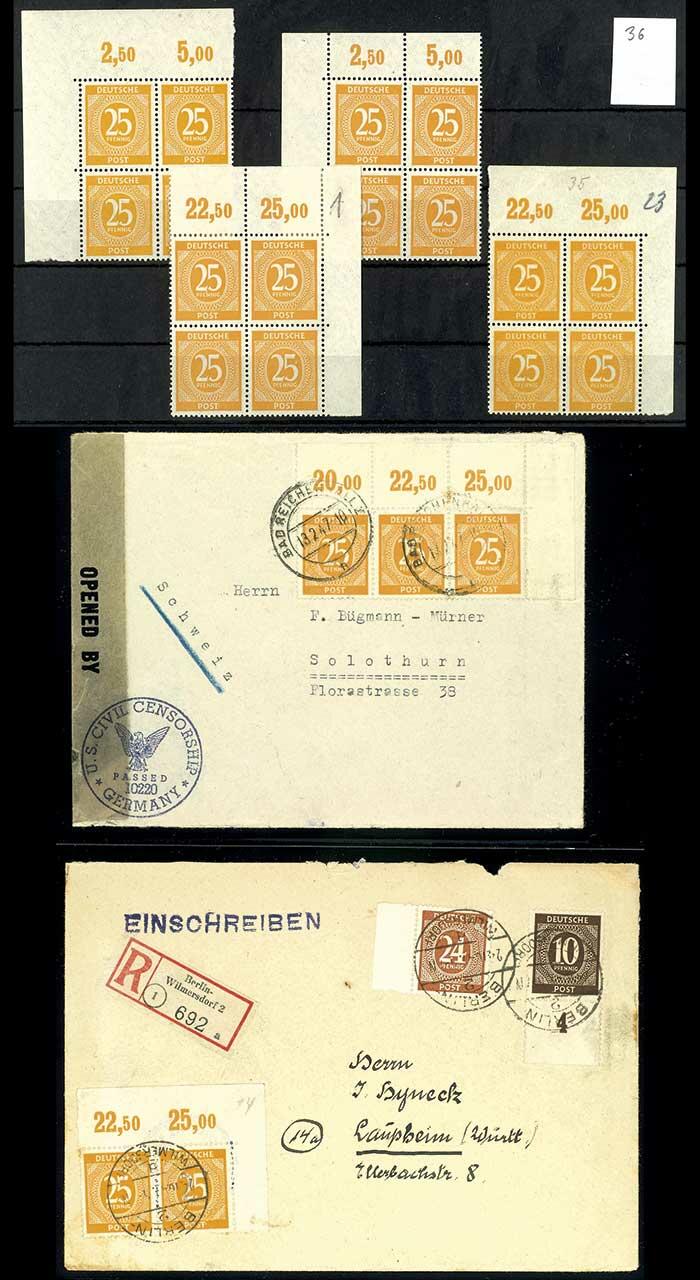 25 pfennigs yellow, collection from upper margins in corner margin ...