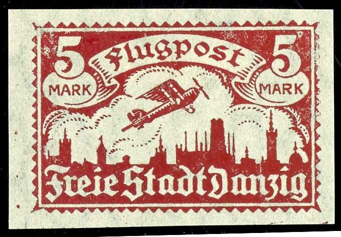 5 Mark airmail, imperforated proof print in carmine red on usual ...