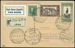Italy flight 1933, return flight, registered card from Asmara 17.5. ...