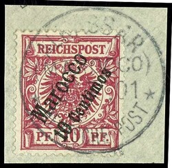 10 Centimos on 10 pfennigs crown / eagle, red carmine, used "ALKASSAR ...