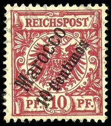 10 Centimes on 10 Pfg crown / eagle, dark rose red (UV = yellowish ...