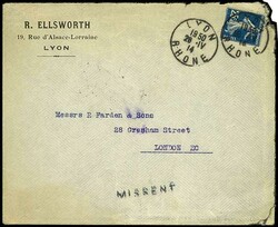 IRRLÄUFER, 1914, Brief aus LYON / Frankreich 20.4.14 mit 25 C nach ...