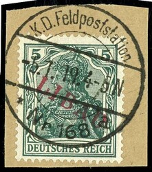 5 Pfennig Germania dunkelbläulichgrün mit rotem Aufdruck "LIBAU" in ...