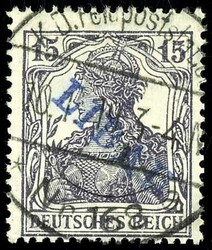 15 Pfennig Germania mit violettblauem Aufdruck "LIBAU" in Type II, ...