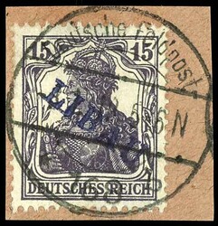 15 Pfennig Germania mit violettblauem Aufdruck "Libau" in Type II, ...