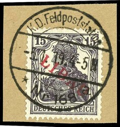 15 Pfennig Germania schwarzviolett mit rotem Aufdruck "LIBAU" in Type ...