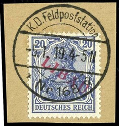 20 Pfennig Germania dunkelviolettblau mit rotem Aufdruck "LIBAU" in ...