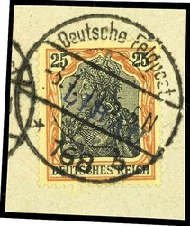 25 Pfennig Germania rotorange/schwarz auf gelbweiß mit violettblauem ...