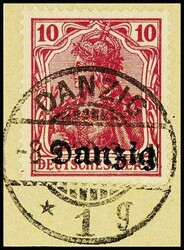 10 Pfg Germania in a-colour, date-appropriate cancelled on piece, ...