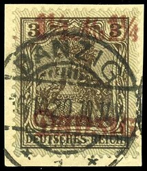 1 1 / 4 Mark on 3 pfennigs, underprinting (burelage) "tips downward", ...