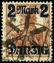 2 M on 35 pfennigs, tips downward with overprint flaw "break through ...