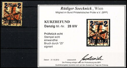 2 M on 35 pfennigs, tips downward with overprint flaw "break through ...