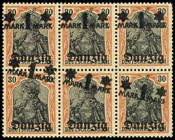 1 Mark on 30 pfennigs Germania, block of six from the fields 88-90 ...