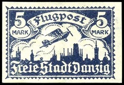 5 M. airmail, proof print in black ultramarine, imperforated, with ...