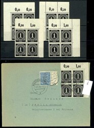 1 pfennigs black, collection from corner margin blocks of four, right ...