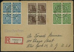 15 Pfg Ziffern grün mit 20 und 15 Pfg Arbeiter, je im Viererblock, ...