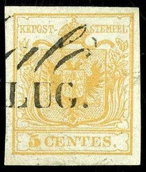 5 Centesimi, ochre yellow, first printing 1850, on usual handmade ...
