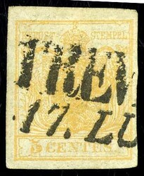 5 Centesimi, ochre yellow, 1850, on usual handmade paper with sheet ...