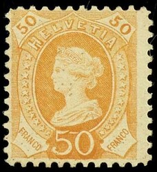 50 Rp. Stehende Helvetia, Probedruck in orange. Marke ungezähnt ohne ...