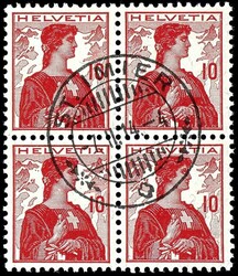 1909, 10 C. Helvetia, Viererblock, zentrisch klar gestempelt "St. ...