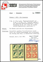 1915, 5 Rp. und 10 Rp. Pro Juventute, Viererblocksatz, postfrisch, ...