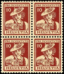 Pro Juventute 1916, kompletter postfrischer Luxussatz im Viererblock, ...